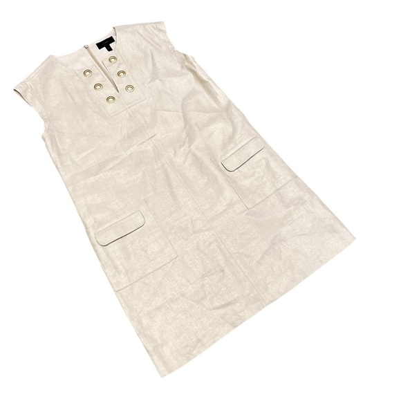 J crew metallic gold linen Dress grommet detail split neck front pockets size 16 - Picture 2 of 10